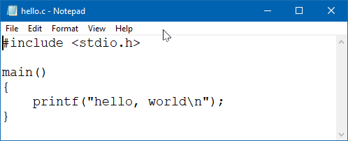 hello.c in Notepad