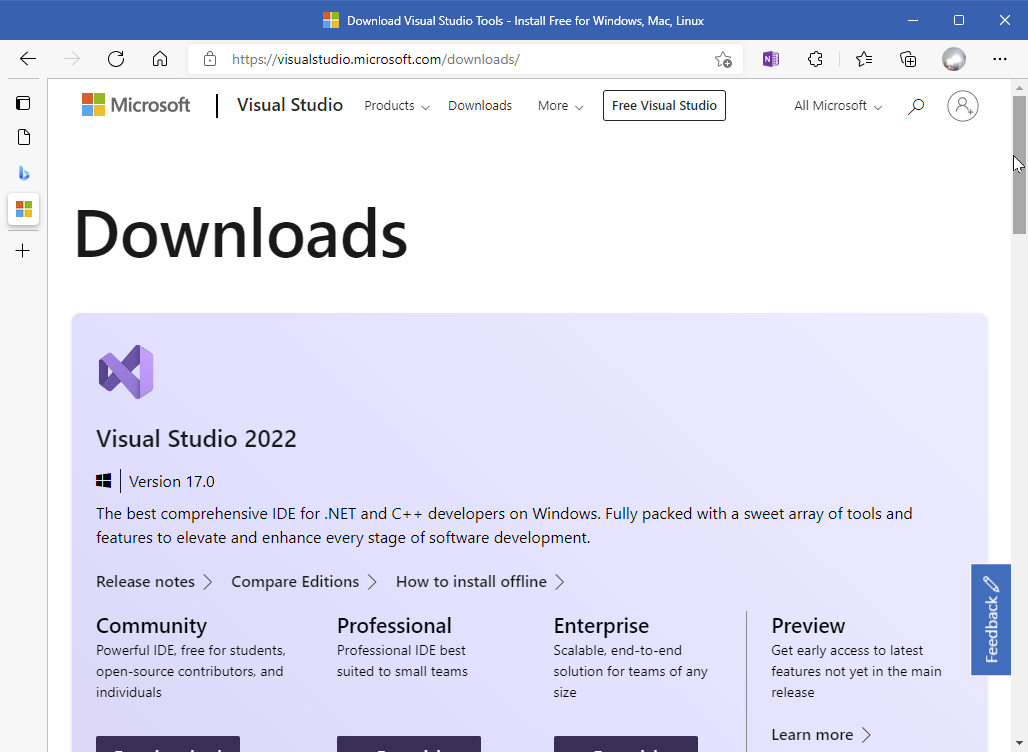 Visual Studio Downloads page