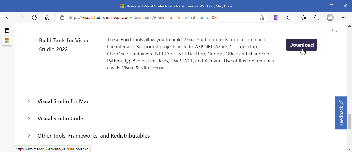 Download Build Tools for Visual Studio 2022